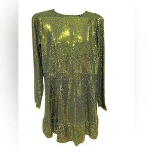 Scoop Green Sequined ruffled edge mini skater dress NWT